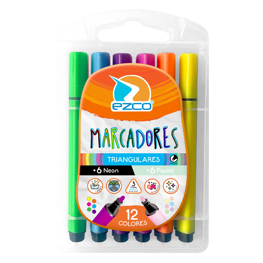  MARCADOR ESCOLAR EZCO TRIANGULAR NEONPASTEL VALIJA X12