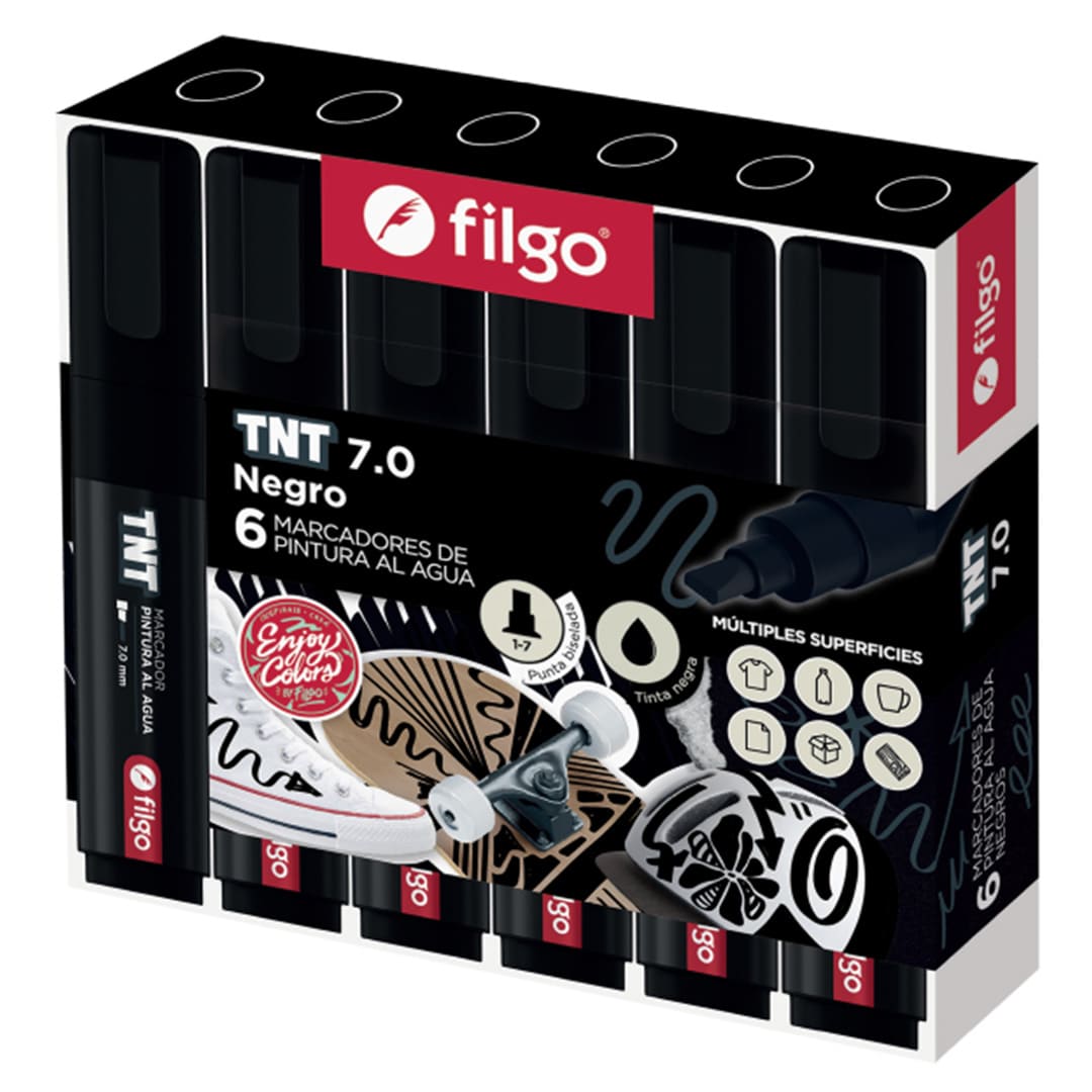  MARCADOR PINTURA FILGO TNT 7.0 PUNTA  BISELADA ESTUCHE X6 NEGRO