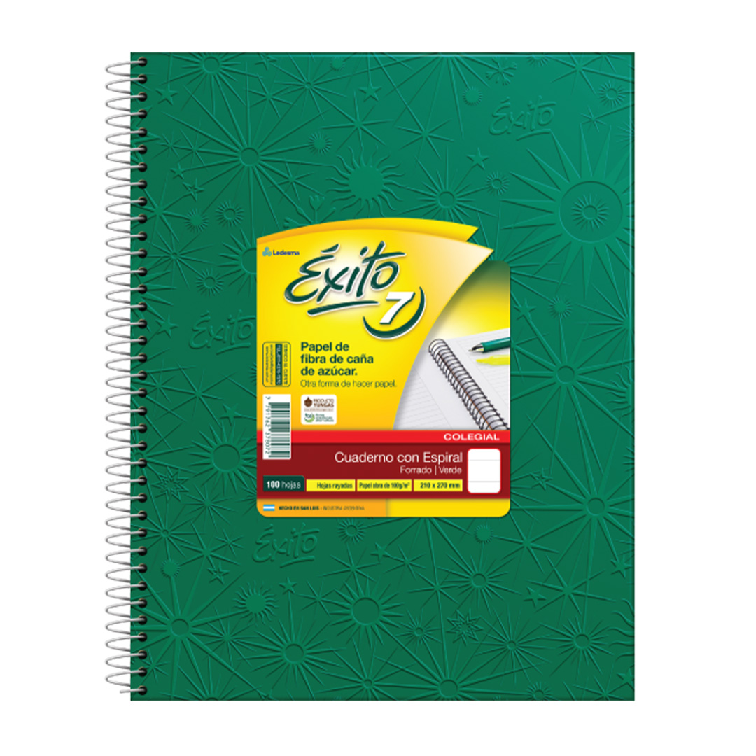  CUADERNO EXITO 21X27 TAPA CARTON ESPIRAL  FORRADO VERDE 100 HOJAS RAYADO