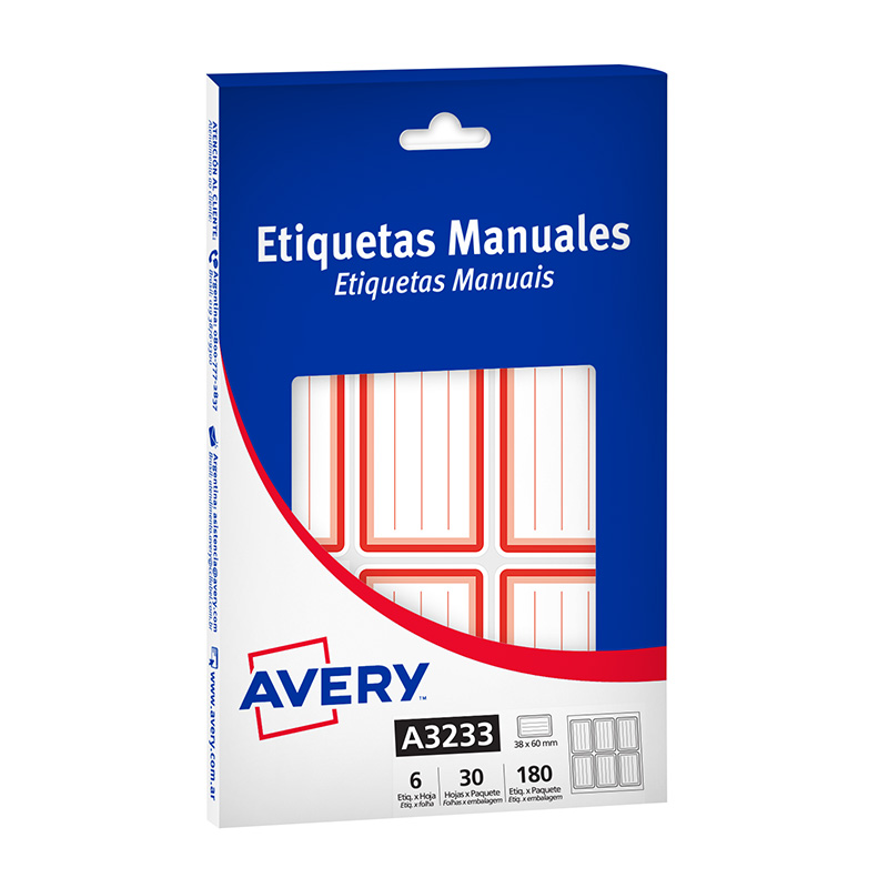  ETIQUETA AVERY MANUAL ESCOLAR  RECTANGULAR ROJA A3233 34X6 MM X30 HOJAS