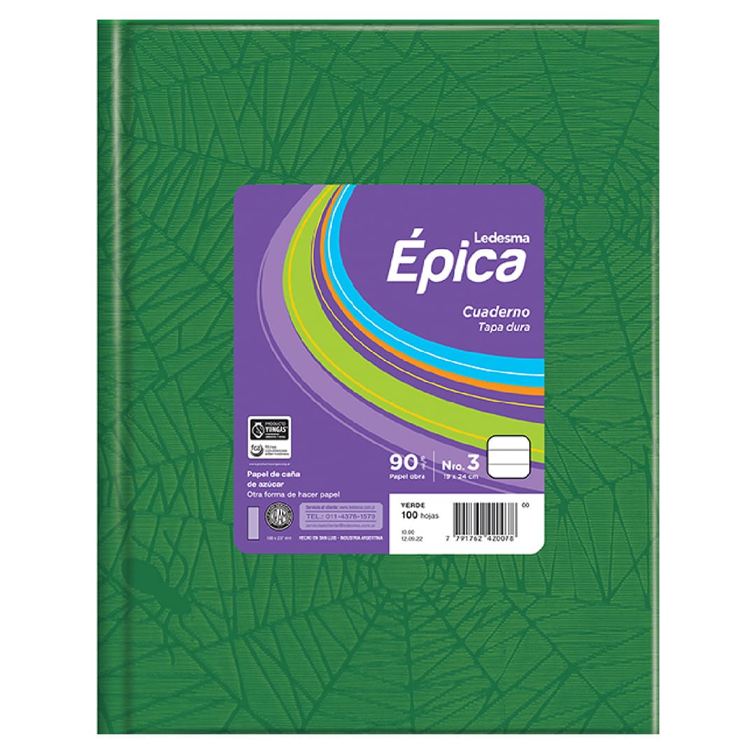  CUADERNO EPICA 19X24 TAPA CARTON FORRADO  VERDE 100 HOJAS RAYADO