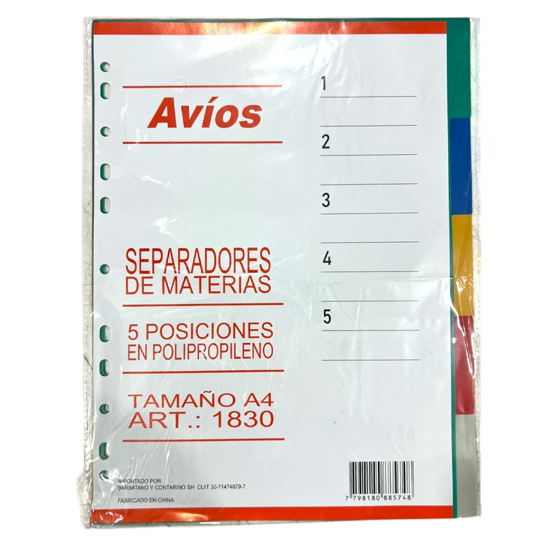  SEPARADOR A4 AVIOS 5 POSICIONES  POLIPROPILENO