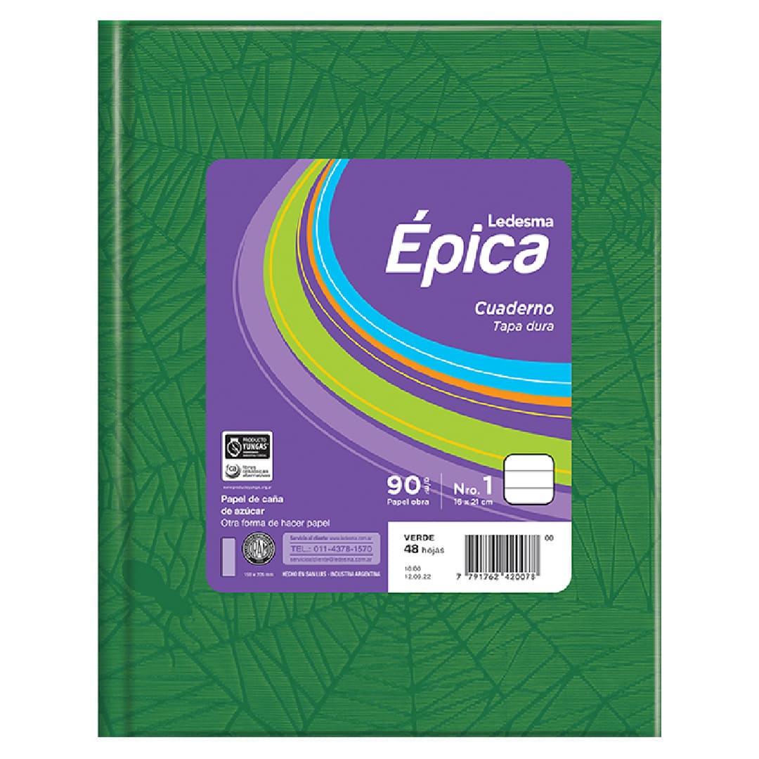  CUADERNO EPICA 16X21 TAPA CARTON FORRADO  VERDE 48 HOJAS RAYADO