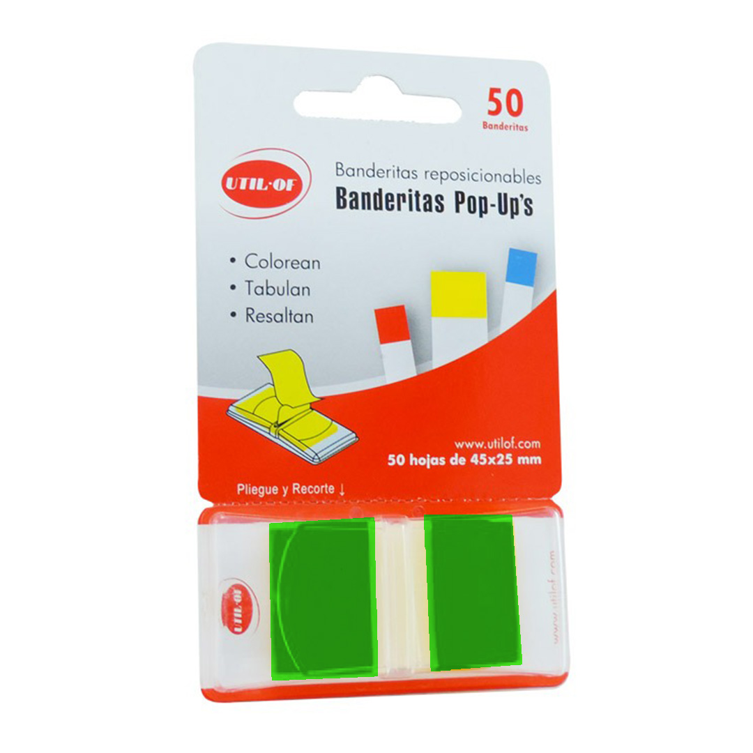  BANDERITA AUTOADHESIVA UTILOF POPUP  VERDE 45X25MM X50 UNIDADES