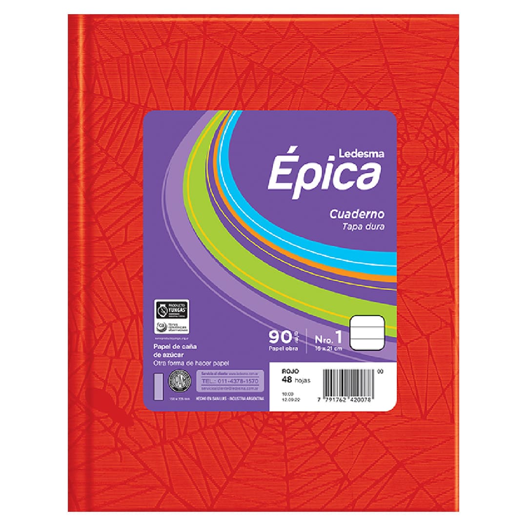  CUADERNO EPICA 16X21 TAPA CARTON FORRADO  ROJO 48 HOJAS RAYADO