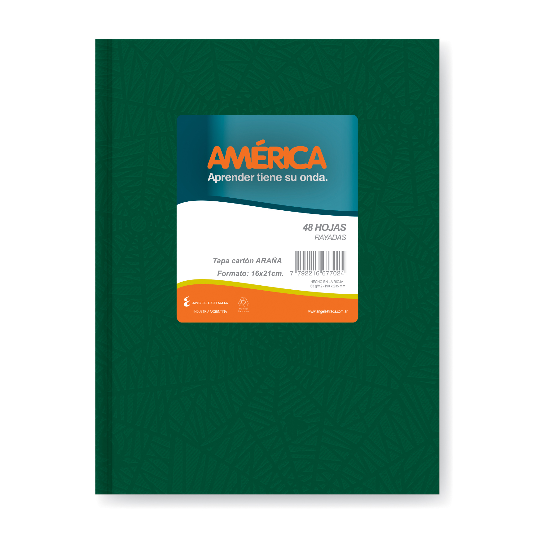  CUADERNO AMERICA 16X21 TAPA CARTON ARANA  VERDE 42H CUADRICULADO
