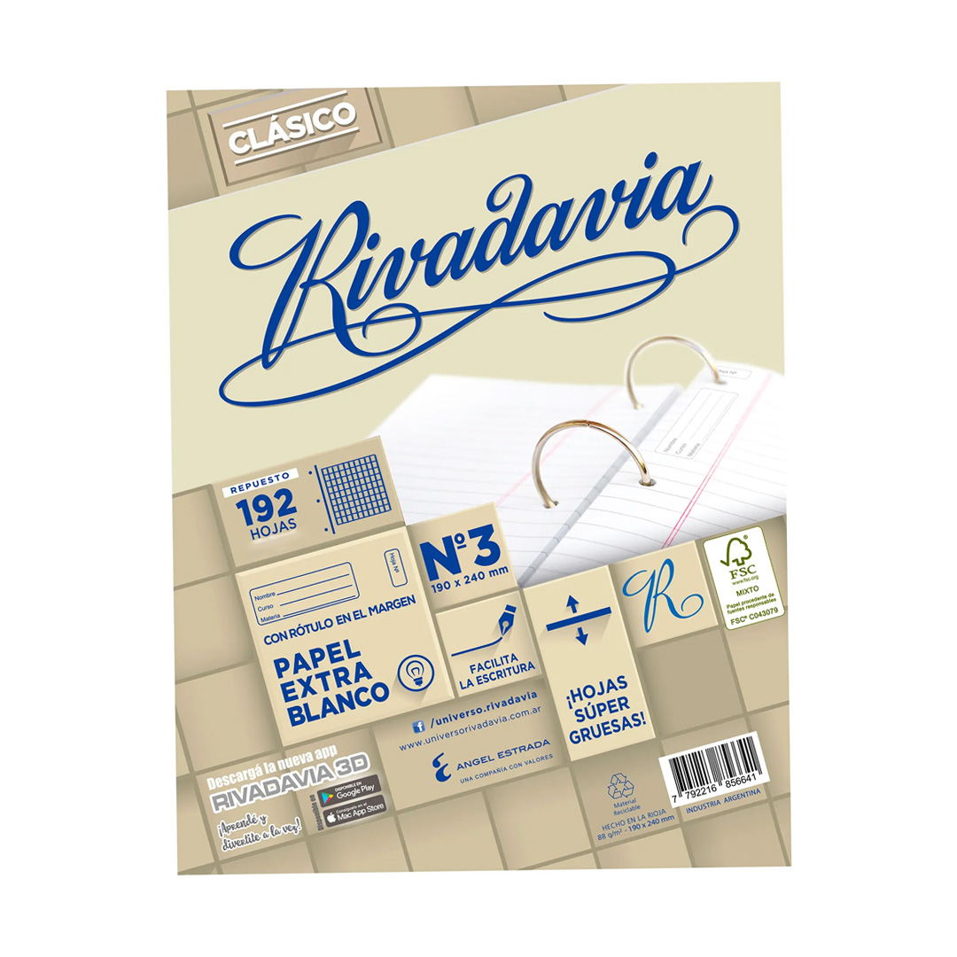  REPUESTO RIVADAVIA N3 CLASICO 192 HOJAS EXTRA BLANCO CUADRICULADO